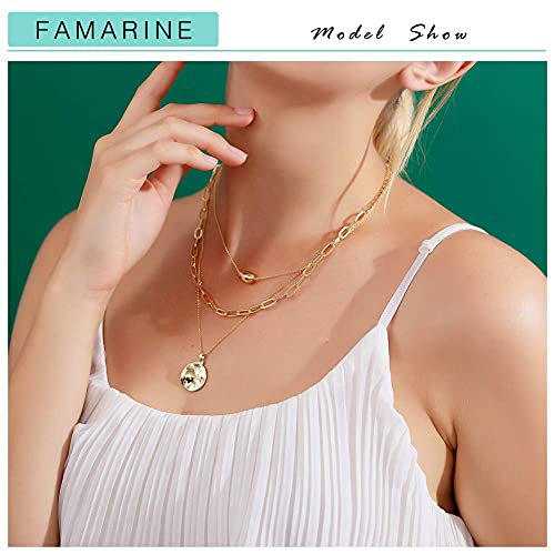 FAMARINE Gold Layered Pendant Long Necklace, 3 Layer Choker Necklace Chain Pendant Costume Jewelry for Women