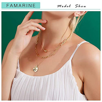 FAMARINE Gold Layered Pendant Long Necklace, 3 Layer Choker Necklace Chain Pendant Costume Jewelry for Women