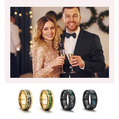 8mm Men's Tungsten Carbide Ring Gold/Black Hammered Meteorite Shavings Gold Foil Inlay Galaxy Nebula Green Opal Engagement Wedding Ring Matte Finish Comfortable Fit - color: 8mm tungsten black