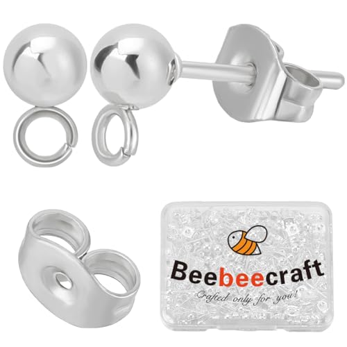 Beebeecraft 1 Box 100Pcs Ball Stud Earring Findings 925 Sterling Silver Plated 304 Stainless Steel Silver Round Post with Loop for Dangle Earring Jewelry Making DIY - color: Silver, size: 4mm Ball