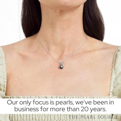 The Pearl Source 14K Gold 11-12mm Round Black Tahitian South Sea Cultured Pearl & Diamond Belissima Pendant Necklace for Women