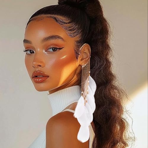 Catery Feather Earrings Long Tassel Boho Earrings Dangling Fringe Prom Jewelry for Women - color: White