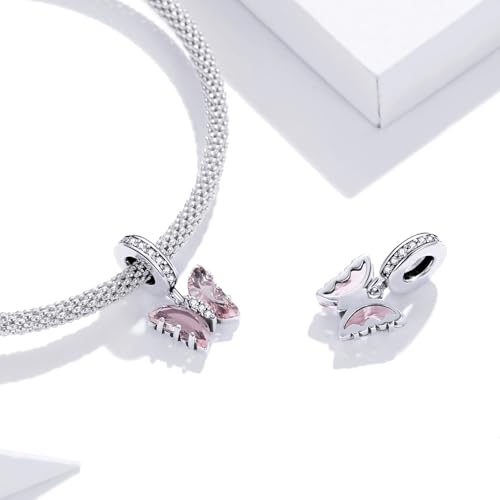 BISAER 925 Sterling Silver Charms for Bracelets Cat Dog Sloth Animal Beads Butterfly Fairy Heart Dangle Pendant Charms - color: Butterfly CZ