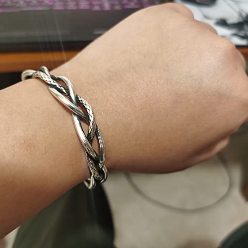 Innocence S925 Silver-Plated Antique Wide Feather Cuff Bracelet For Men Women Adjustable Retro Twisted Feathers Bracelets Gift Jewelry - color: Thin Braid