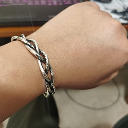 Innocence S925 Silver-Plated Antique Wide Feather Cuff Bracelet For Men Women Adjustable Retro Twisted Feathers Bracelets Gift Jewelry - color: Thin Braid