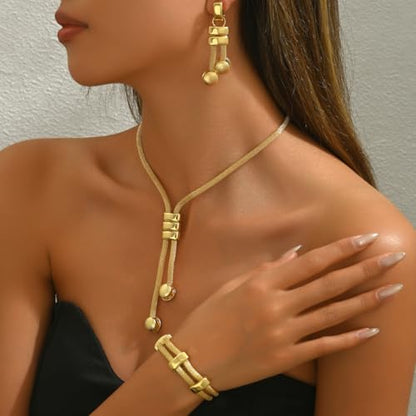 Gold Long Choker Necklace Set 18k Gold Plated Pendant Earrings Necklace Bracelet Set Simple Fashion Chain Jewelry Set For Women - style: 3 pieces