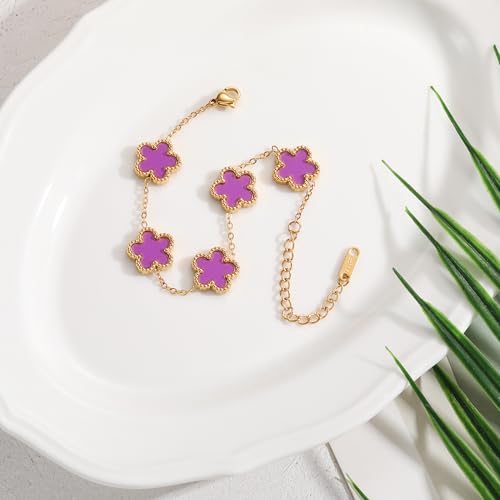TICVSS Four Leaf Clover Bracelet for Women 18K Gold Plated Stainless Steel Lucky 4 Leaf Gold Link Bracelet Jewelry Gift for Women - color: Purple