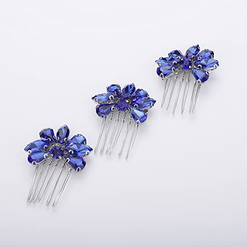 Teyglen Simple Rhinestones Crystal Bride Wedding Hair Comb Set Handmade Red Blue Black Crystal Side Hair Combs Bridal Hair Jewelry Set for Women Bride Girls (Blue) - color: Blue