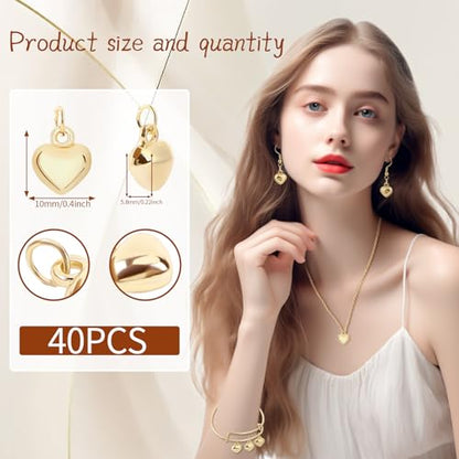 MARFOREVER 40 Pcs 18K Gold Heart Charms for Jewelry Making Valentines Charm | 3D Love Heart Shape Dangle Pendants Charms, Mother's Day Valentine's Gifts, Bracelet Necklace Earrings Making DIY Crafts - style: Gold Heart