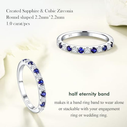Birthstone Rings Eternity Band 925 Sterling Silver/Yellow Gold-Plated Created Gemstone Stackable Wedding Band 2.7mm Thin Half Eternity Rings for Women Size 6 to 10 - color: 09-Sapphire-Sep.