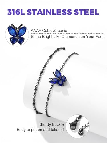Richsteel Double Layer Heart/Butterfly Birthstone Anklet for Women | Non Tarnish Waterproof, Silver/Gold/Black Stainless Steel 8.5-10.5 Inch Adjustable Chain Anklets Summer Beach Foot Jewelry - color: Black Butterfly-09 Sep.(Sapphire)