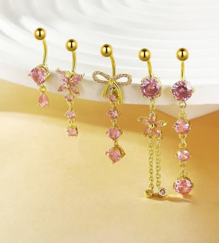 BSJ4U Belly Button Rings Gold Plated Silver Pink Clear CZ Belly Rings for Women Heart Bow Flower Butterfly Teardrop Dangle Navel Belly Button Piercing Jewelry - color: Gold Plated Pink Dangle Belly Button Rings