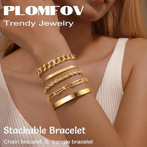 PLOMFOV Gold Bracelets for Women Stack Non Tarnish 14K Gold Plated Chunky Gold Bangles Bracelet Set Beaded Paperclip Chain Cuban Link Dainty Trendy Waterproof Stackable Cuff Bracelets Jewelry Gifts for Women - color: 5Pcs Gold-Cuban Set