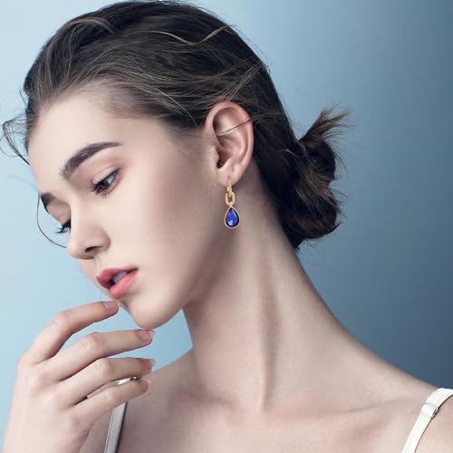 Crystals Teardrop Dangle Drop Earrings, 18K Gold Plated Hoop Earrings Zirconia Jewelry for Women Gifts - color: Navy blue-Long