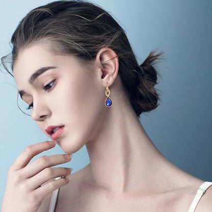 Crystals Teardrop Dangle Drop Earrings, 18K Gold Plated Hoop Earrings Zirconia Jewelry for Women Gifts - color: Navy blue-Long