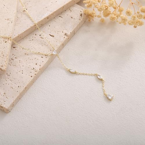 Lariat Gold Necklace for Women, 14K Gold Plated Dainty Drop Y Necklace, Waterproof Non Tarnish Long Layered Beaded Chain Lariat Necklace Prom Jewelry Summer Vacation Gift for Her - color: Gold-1