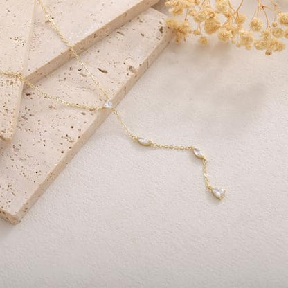 Lariat Gold Necklace for Women, 14K Gold Plated Dainty Drop Y Necklace, Waterproof Non Tarnish Long Layered Beaded Chain Lariat Necklace Prom Jewelry Summer Vacation Gift for Her - color: Gold-1