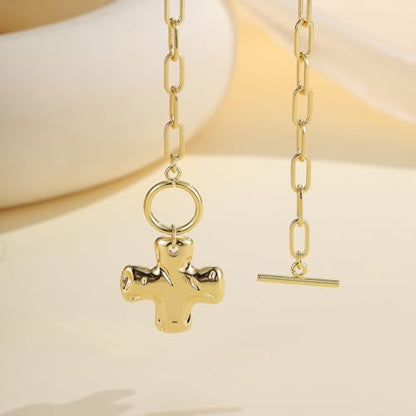 Joxevyia Gold Cross Necklace for Women Hammered Cross Pendant Toggle Clasp Paperclip Chain Statement Choker Bold Faith Jewelry Gift - color: gold cross necklace, size: 16 inches
