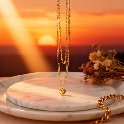 Gmai Layered Necklaces for Women Gold Plated 3/4/5 Piece Adjustable Stackable Necklace Set with Pearl Cross Coin Pendant Dainty Gold Silver Choker Chain Jewelry Gift for Her - style: Heart Necklace