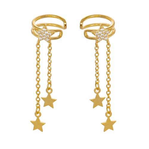 Dainty Star Tassel Dangle Ear Cuff Cartilage Clip On Earrings for Women 925 Sterling Silver Cubic Zirconia Crystal Small Huggie Hoops Chain Link Drop Dangling Layered Wrap Earring Fashion Birthday Jewelry Gifts Hypoallergenic Clips - color: Gold