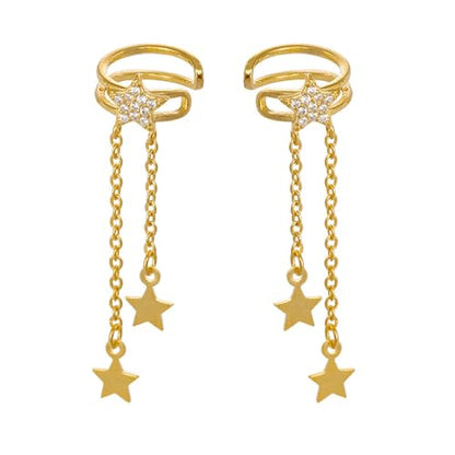 Dainty Star Tassel Dangle Ear Cuff Cartilage Clip On Earrings for Women 925 Sterling Silver Cubic Zirconia Crystal Small Huggie Hoops Chain Link Drop Dangling Layered Wrap Earring Fashion Birthday Jewelry Gifts Hypoallergenic Clips - color: Gold