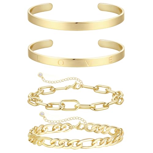 KOHOTA Chunky Gold Bracelets for Women Non Tarnish 14K Gold Plated Cuff Bracelet Stack Trendy Love Bangle Bracelets Stackable Tennis Bracelet Set Tie Knot Cuban Paperclip Figaro Chain Jewelry Gifts - color: B.Love bangle