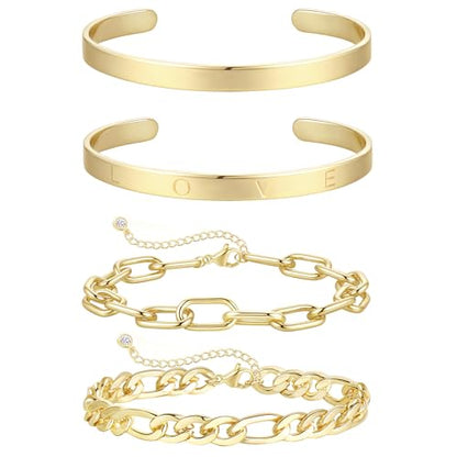 KOHOTA Chunky Gold Bracelets for Women Non Tarnish 14K Gold Plated Cuff Bracelet Stack Trendy Love Bangle Bracelets Stackable Tennis Bracelet Set Tie Knot Cuban Paperclip Figaro Chain Jewelry Gifts - color: B.Love bangle