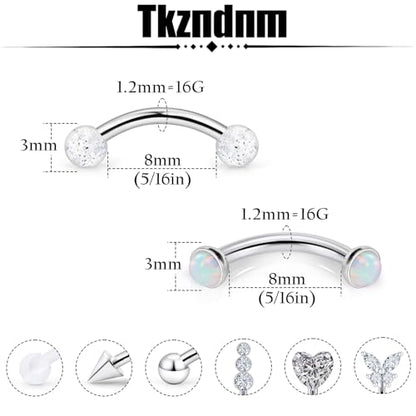 16g 8mm Silver/Black/Rainbow Eyebrow Piercing Jewelry Rings Curved Barbell Vertical Labret Lip Surgical Steel Small Belly Button Snake Eyes Tongue Rook Earrings for Women Men - color: Surgical Steel