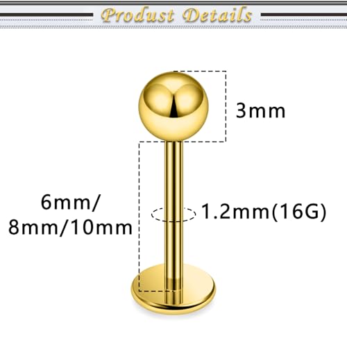 Internally Threaded Labret Studs 18G 16G 14G Surgical Steel Lip Piercing Jewelry with Claw Tool Monroe Snake Bite Jewelry Flat Back Barbell for Women Men Plus Piercing Ball Grabber Tool - color: goldtone, size: 16g,ball+spike end