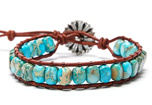 7 Chakra Bracelet Bohemian Handmade Leather Wrap Healing Protection Natural Stone Yoga Beaded Bracelets Boho Friendship Jewelry - color: Lake Blue Turquoise