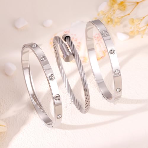 Camhanno Stackable Silver Bracelets for Women Stainless Steel Love & Friendship Bangle, Mothers Day Valentines Birthday Christmas Jewelry Gifts for Mom Her Wife Grandma - style: Style 9
