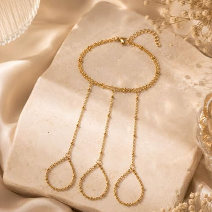 14K Gold Plated Stainless Steel Hand Chain Bracelet for Women Trendy Dainty Ring Bracelet Hand Chain Hypoallergenic Body Jewelry for Everyday Wear Cute Trendy Gifts