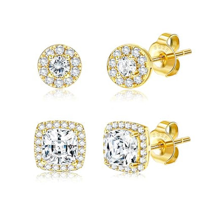 18K Gold Plated Halo Stud Earrings 925 Sterling Silver Cubic Zirconia Stud Earrings Round Square Diamonique Stud Earrings Set for Women Men - color: Gold2