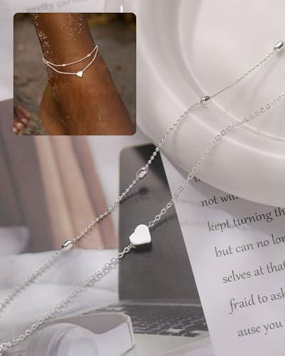 Gold Silver Ankle Bracelets for Women Waterproof 14K Gold Plated Anklets for Women Non Tarnish Dainty Layered Beaded Heart Anklet Set Summer Beach Foot Chain Jewelry Gifts Trendy Stuff - color: E- Heart Anklets- Silver