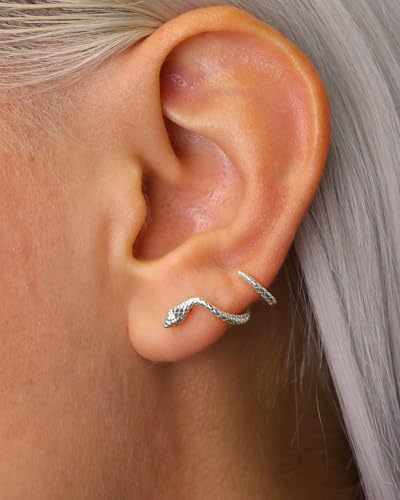 Stud Earrings for Women- 14K Gold/White Gold Plated/Black Bow Dragon Softball Snake Bat Stud Earrings - color: Silver Snake ear cuff