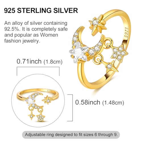 925 Sterling Silver Adjustable Rings for Women 14K Gold Plated Thumb Rings | Stackable Statement Eternity Rings Dainty Starfish Star Moon Heart Lucky Open Ring Trendy Jewelry Birthday Gifts for Ladies - color: 01Gold Star Moon Ring