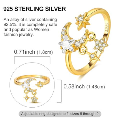 925 Sterling Silver Adjustable Rings for Women 14K Gold Plated Thumb Rings | Stackable Statement Eternity Rings Dainty Starfish Star Moon Heart Lucky Open Ring Trendy Jewelry Birthday Gifts for Ladies - color: 01Gold Star Moon Ring