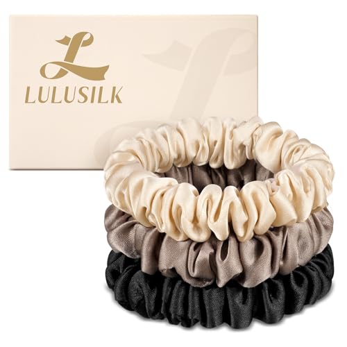 LULUSILK Small Silk Hair Ties No Damage, 100% Real Mulberry Silk, Skinny Scrunchies Ponytail Holders for Thin Fine Hair, Black Ivory and Brown, Pack of 3 - color: Black&Ivory&Brown