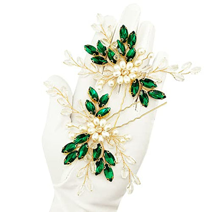 Bridal Emerald Green Crystal Gold Hair Pins Accessories for Prom, Pack of 2 | Fancy Wedding Pearl Green Rhinestone Flower Hair Pieces for Women and Girls