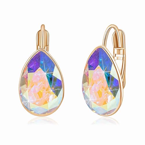 Austrian Crystal Teardrop Leverback Drop Earrings for Women | 14K Gold-Plated Finish, Sparkling Pear Stone, Smooth Bezel Frame, Secure Leverback Closure, Dainty Day-To-Evening Style - color: Aurora Borealis