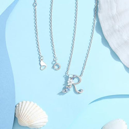 VIKI LYNN Initial Necklace for Women 925 Sterling Silver Initial A to Z Letter Pendant Necklace with Blue Flower Cubic Zirconia Birthday Engagement Gift for Women,Mom, Couple - style: Letter R