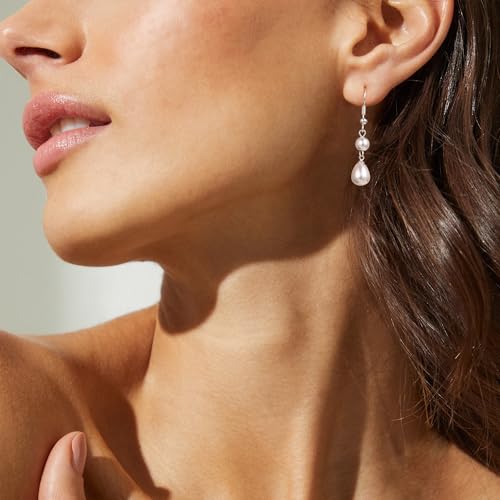 Robaice Pearl Earrings for Women, 14K Gold Plated Dangle Drop Earrings | Small Pearl Drop Huggie Hoop Earrings, Hypoallergenic Dainty Gold Earrings, Wedding Jewelry Gifts for Women Trendy - style: silver two pearl earrings