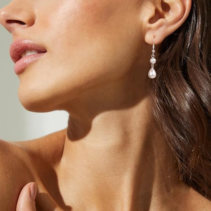 Robaice Pearl Earrings for Women, 14K Gold Plated Dangle Drop Earrings | Small Pearl Drop Huggie Hoop Earrings, Hypoallergenic Dainty Gold Earrings, Wedding Jewelry Gifts for Women Trendy - style: silver two pearl earrings