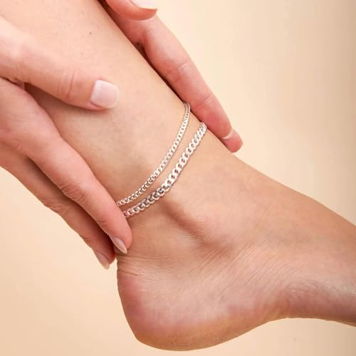 ChicSilver 925 Sterling Silver Ankle Bracelet for Women, Simple Cuban Link/Figaro/Twist Rope Chain Anklets for Beach Party(with Gift Box) - style: 07: Cuban Chain-5mm wide
