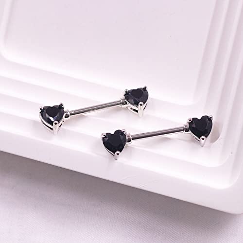VERAMI 14G Stainless Steel Heart Nipple Rings and Barbell - Butterfly, Starlight Acrylic Ball, Tongue Rings for Women and Men - color: T-BLACK-CZ