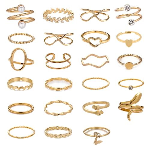 42-Piece Gold Tone Stackable Ring Set for Women, Boho Minimalist Stacking Rings with Crystal & Heart Accents, Adjustable Open Band Jewelry for Daily Wear - style: TZJ-003354-01