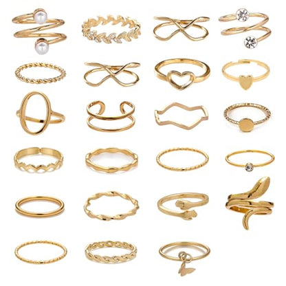 42-Piece Gold Tone Stackable Ring Set for Women, Boho Minimalist Stacking Rings with Crystal & Heart Accents, Adjustable Open Band Jewelry for Daily Wear - style: TZJ-003354-01