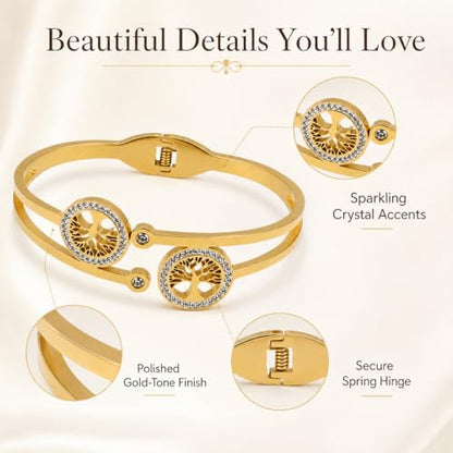 Gold Tree of Life Bangle Bracelet for Women, 18K Gold Plated Stainless Steel Double Layer Spring-Open Bangle, Meaningful Dainty Jewelry Gift - color: TREE GOLD