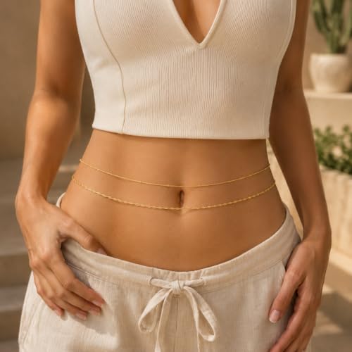 Gold Waist Chain for Women Dainty 14K Gold Plated Layered Belly Chain Adjustable Bikini Belly Beads for the Waist Waterproof Beach Accessories Body Chain Jewelry for Gifts - style: BY0004