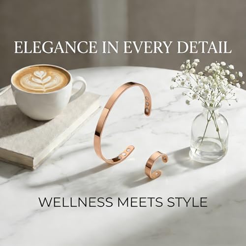 Calming Bracelet Ring Set for Women, Menopause Bracelets Adjustable Bangle Stainless Steel Cuff Climacterium Anxiety Stress Relief Energy Open Jewelry Gift - color: Rose Gold + Rose Gold